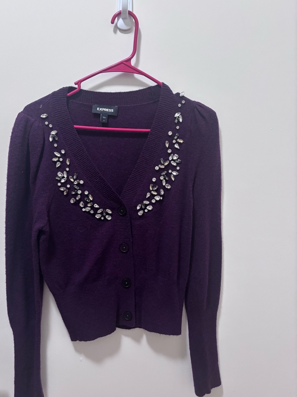 Express Women's Embellished V-Neck Deep Purple Cardigan